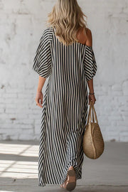 Striped Puff Sleeve Slash Neck Casual Maxi Dress