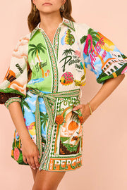 Linen Blend Printed Belted Shirt Mini Dress
