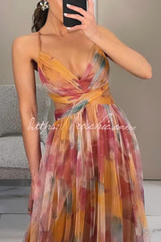 Floral Print Tulle Cutout Waist Lace-Up Maxi Dress