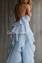 Rose Detail Tiered Ruffle Halter Maxi Dress