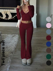 Slim-Fit V-Neck Crop Top & Pants Set