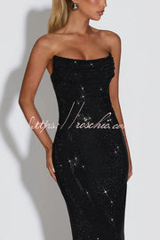 Sequin Pleated Cowl Neck Strapless Maxi Dress