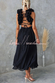 Floral Chiffon Ruffle Maxi Dress with Lace-Up Back