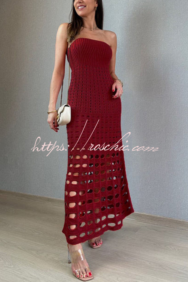 Robe longue en tricot à épaules dénudées et patchwork rustique – Coupe ample