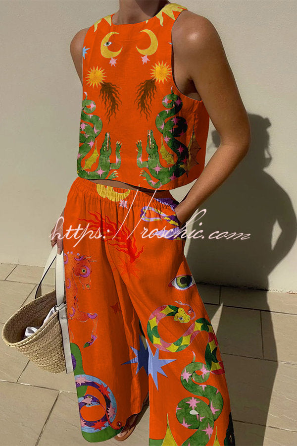 Linen Blend Printed Tank & Pants Set with Pockets