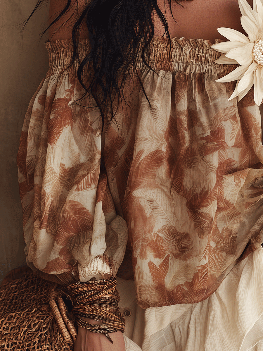 Floral Print Off-Shoulder Blouse in Sand Beige
