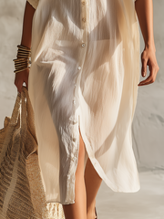 Champagne Button-Down Shirt Midi Dress with Long Sleeves