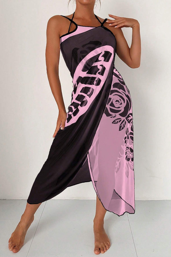 Butterfly Print Color-Block Midi Dress – Resort Cover-Up