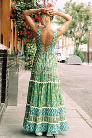 Ric Rac Trim Smocked Bust Lace-Up Maxi Dress