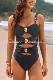Color-block One-Piece Swimsuit with Metal Button Detail