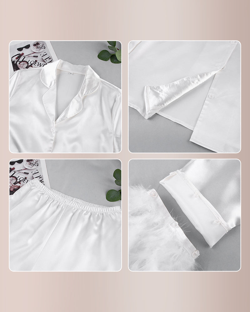 Feather-Trim Ice Silk Pajama Set