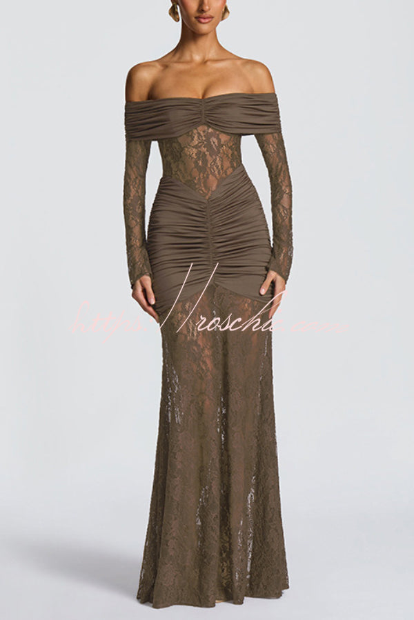 Off-Shoulder Lace Maxi Dress – Slim-Fit Long Sleeve