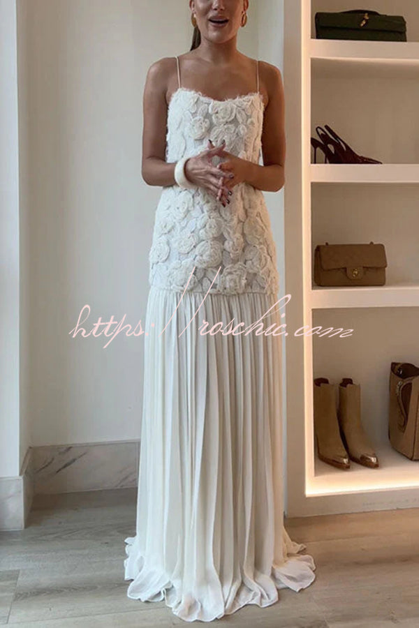 Floral Applique Pleated Chiffon Maxi Slip Dress