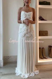 Floral Applique Pleated Chiffon Maxi Slip Dress