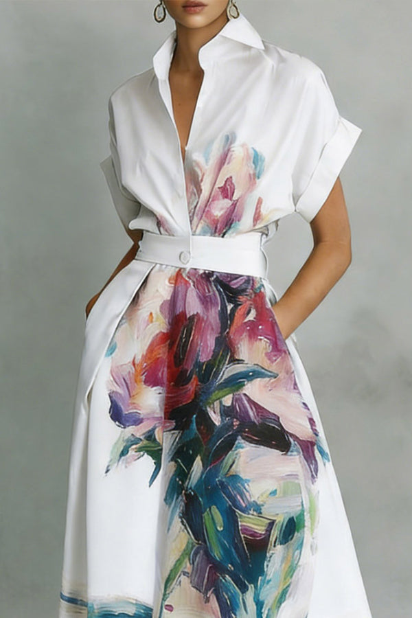 Art Print Midi Dress with Collar & Chest Pocket