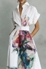 Art Print Midi Dress with Collar & Chest Pocket