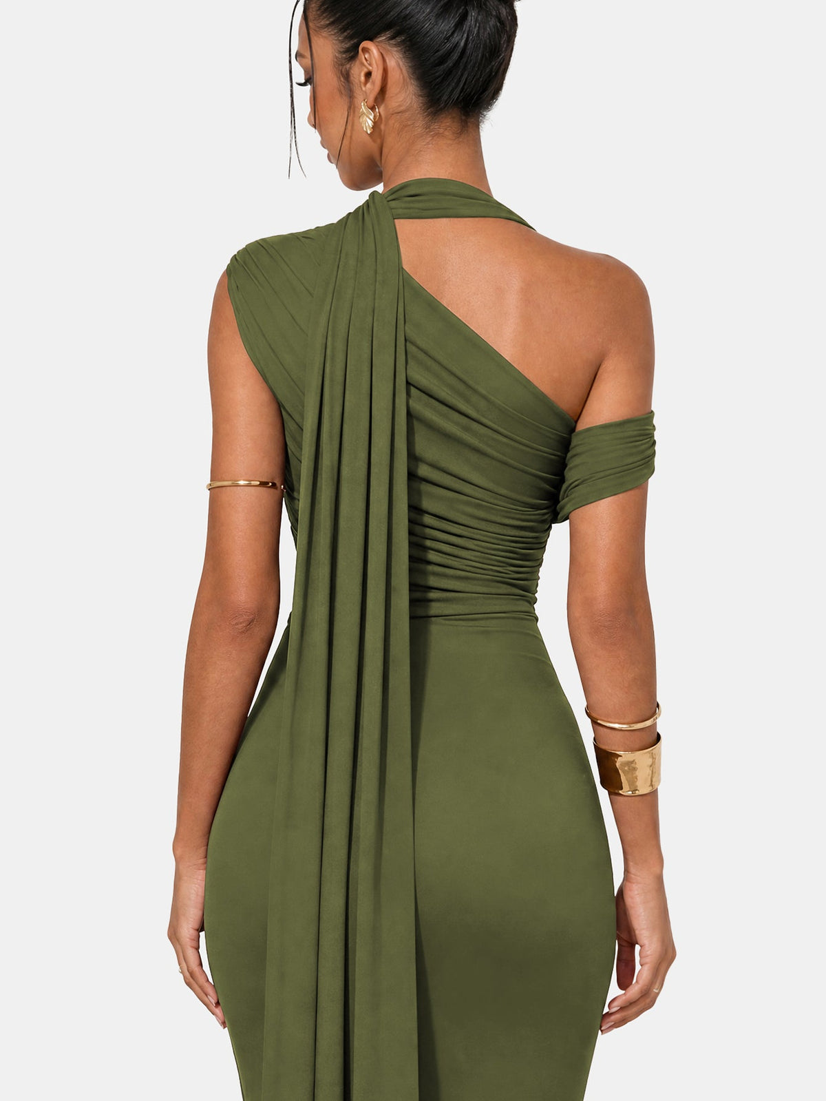 One Shoulder Formal Evening Gown with Built-In Bra, Ruched Mesh
