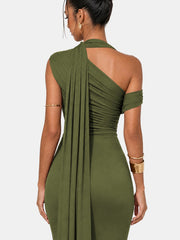 One Shoulder Formal Evening Gown with Built-In Bra, Ruched Mesh