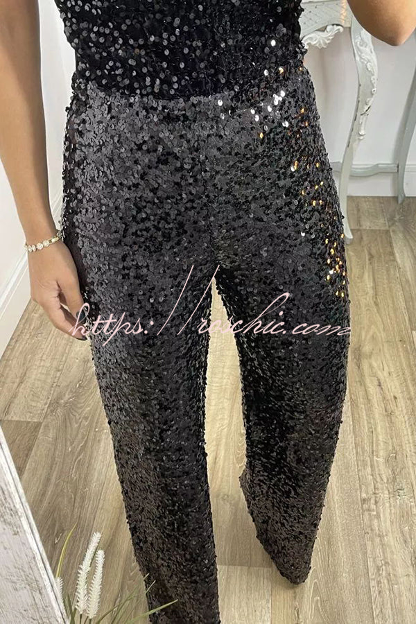 Sequin Wide Leg Pants High Rise Elastic Waist Party