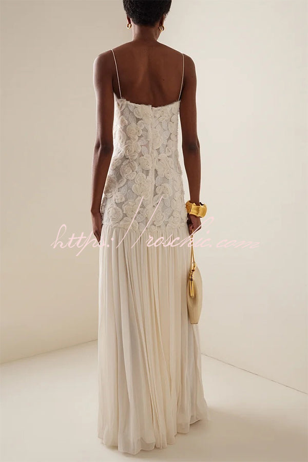 Floral Applique Pleated Chiffon Maxi Slip Dress