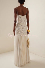 Floral Applique Pleated Chiffon Maxi Slip Dress