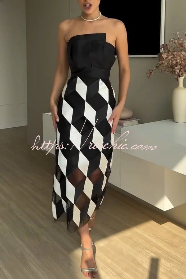 Backless Rhombus Print Midi Dress – Off Shoulder Slim Fit