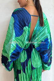 Tropical Print Kimono Sleeve Pleated Cocoon Maxi Dress
