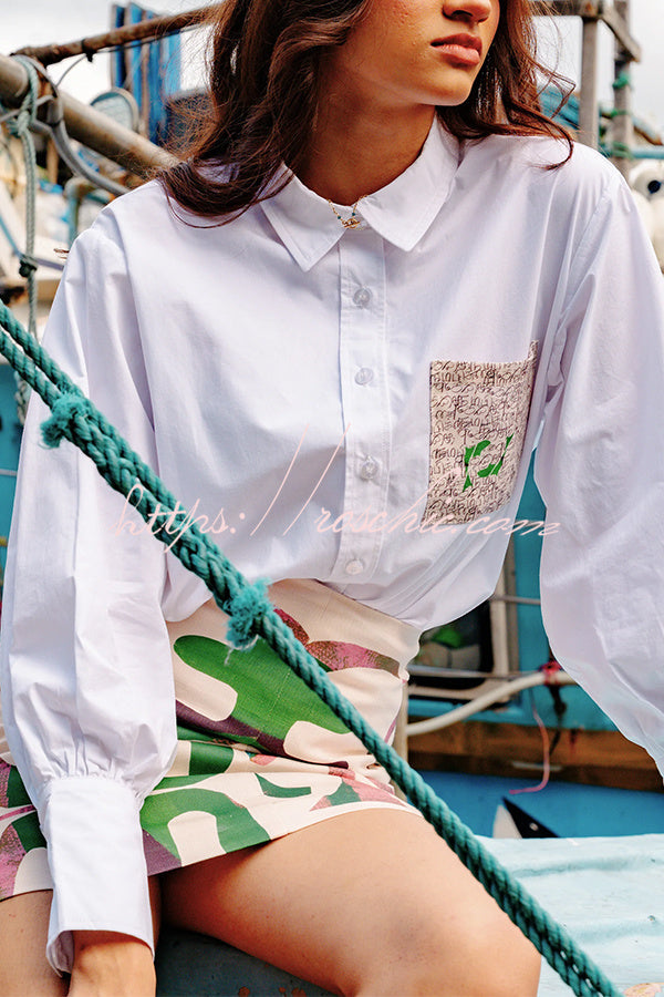 Graphic Patch Pocket Statement Blouse – Loose Fit