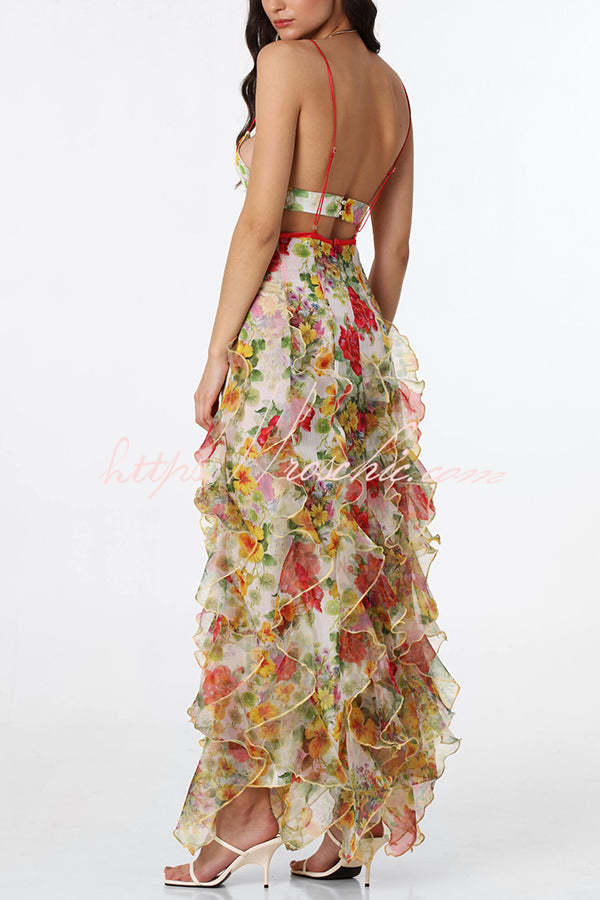 Chiffon Roses Print Ruffle Tiered Maxi Dress – V Neck