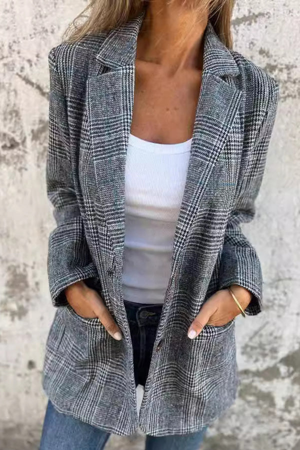 Women's Houndstooth Lapel Blazer – Loose Fit Office Jacket