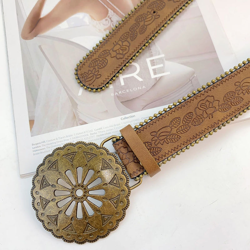 Retro Carved Faux Leather Belt – Brown, 3.8cm Wide