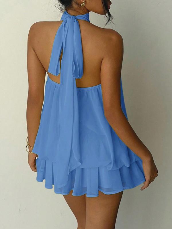 Women's Simple Solid Backless Halter One-Piece Jumpsuit, Elegant Ruffle Design, Perfect for Casual Wear, All Seasons Fashion, Outfit