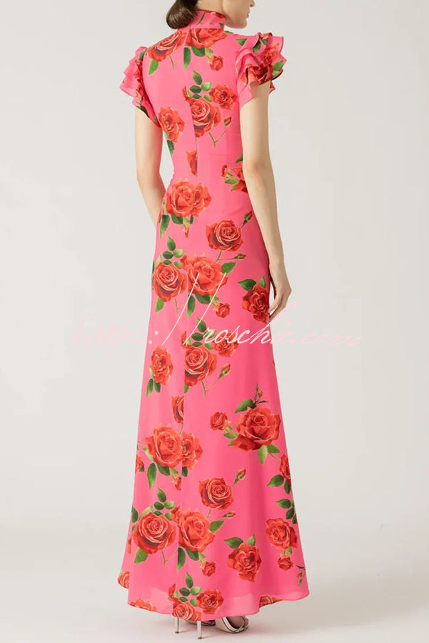 Robe longue Cheongsam à imprimé floral rose avec manches étagées