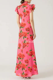 Robe longue Cheongsam à imprimé floral rose avec manches étagées