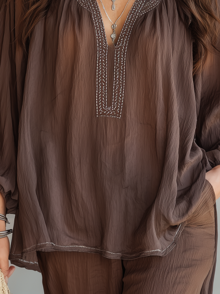 Bohemian Embroidered Long Sleeve Blouse Set in Brown