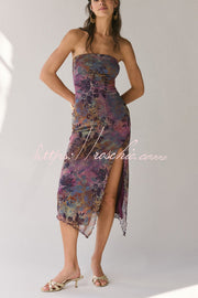 Mesh Tie-Dye Strapless Maxi Dress with Side Slit