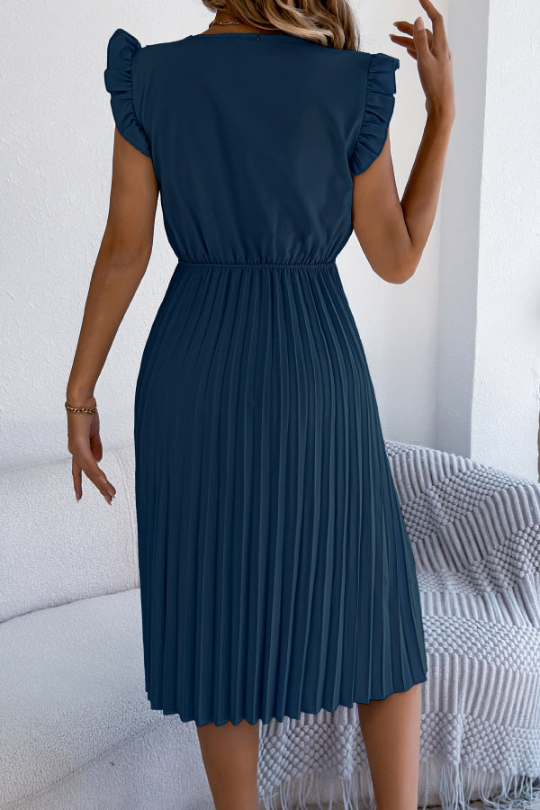 Robe midi plissée sans manches à col en V et bordure en dentelle