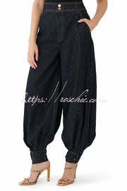 High Rise Denim Harem Pants with Ankle Strap Buckle