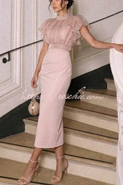 Sheer High-Neck Ruffle Sleeve Top & Ruched Midi Dress Set