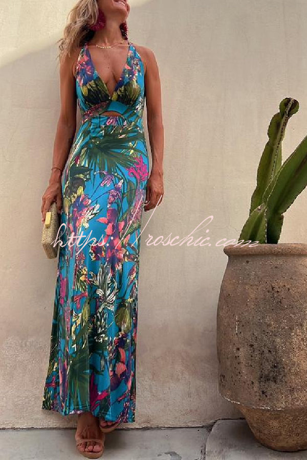 Tropical Print Cutout Back Maxi Dress – Vacation Stretch