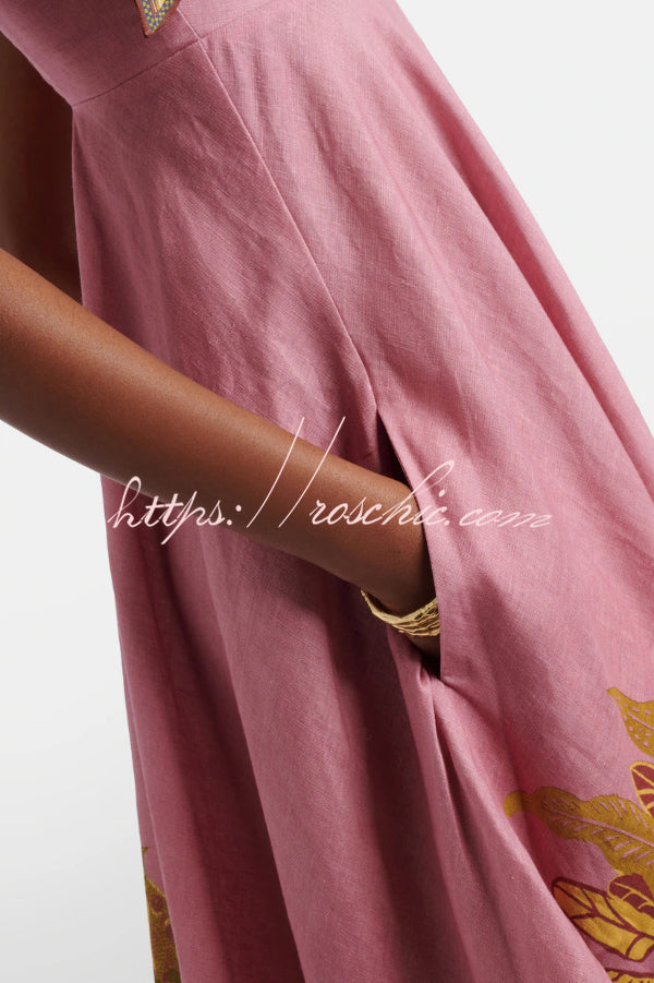 Linen Blend Printed Maxi Dress with Tie-Up Suspenders