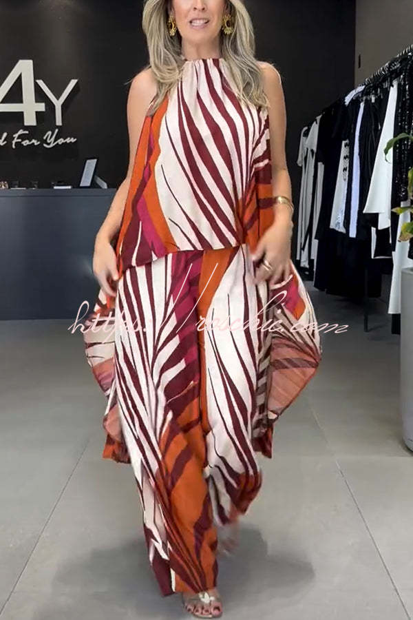 Printed High Low Halter Top & Wide Leg Pants Set