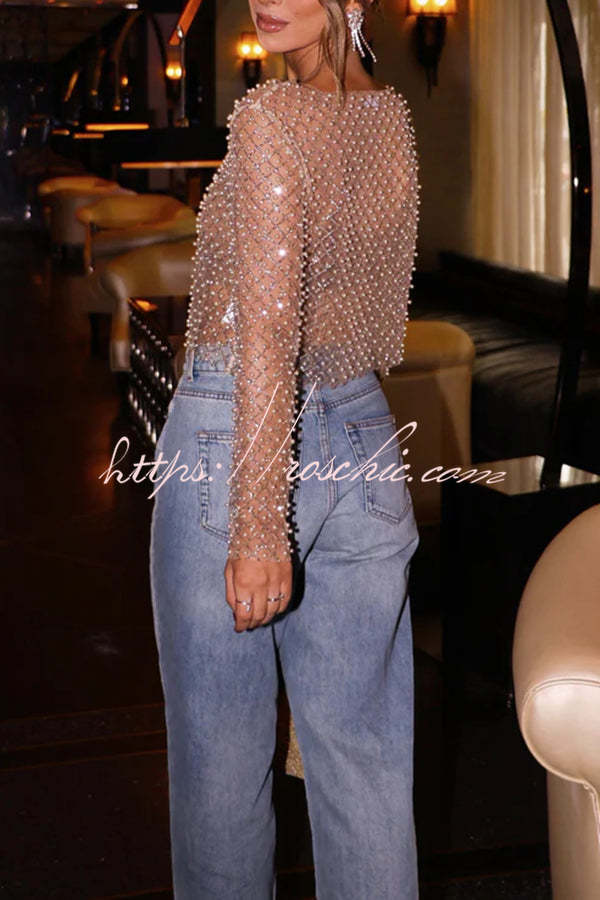 Sparkling Pearl Long Sleeve Sheer Top – Loose Fit Party Blouse