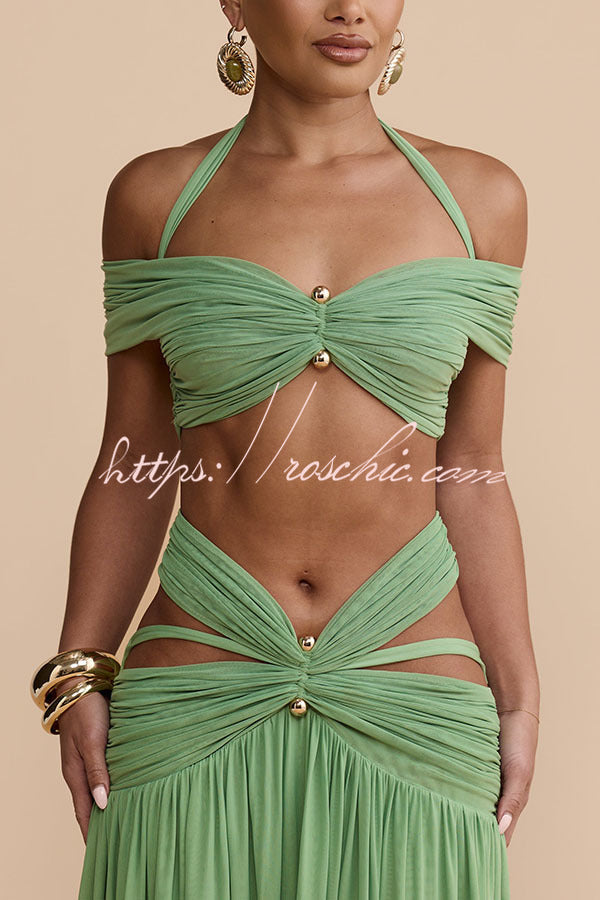 Stretch Mesh Sweetheart Crop Halter Top with Gold Detail