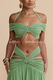 Stretch Mesh Sweetheart Crop Halter Top with Gold Detail