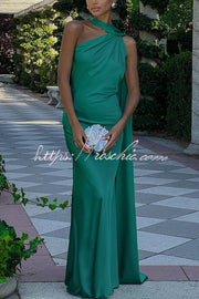 Satin One Shoulder Backless Cape Maxi Dress