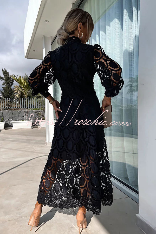 Crochet Lace Lantern Sleeve Midi Dress for Parties