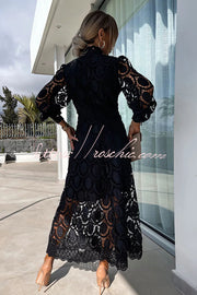 Crochet Lace Lantern Sleeve Midi Dress for Parties