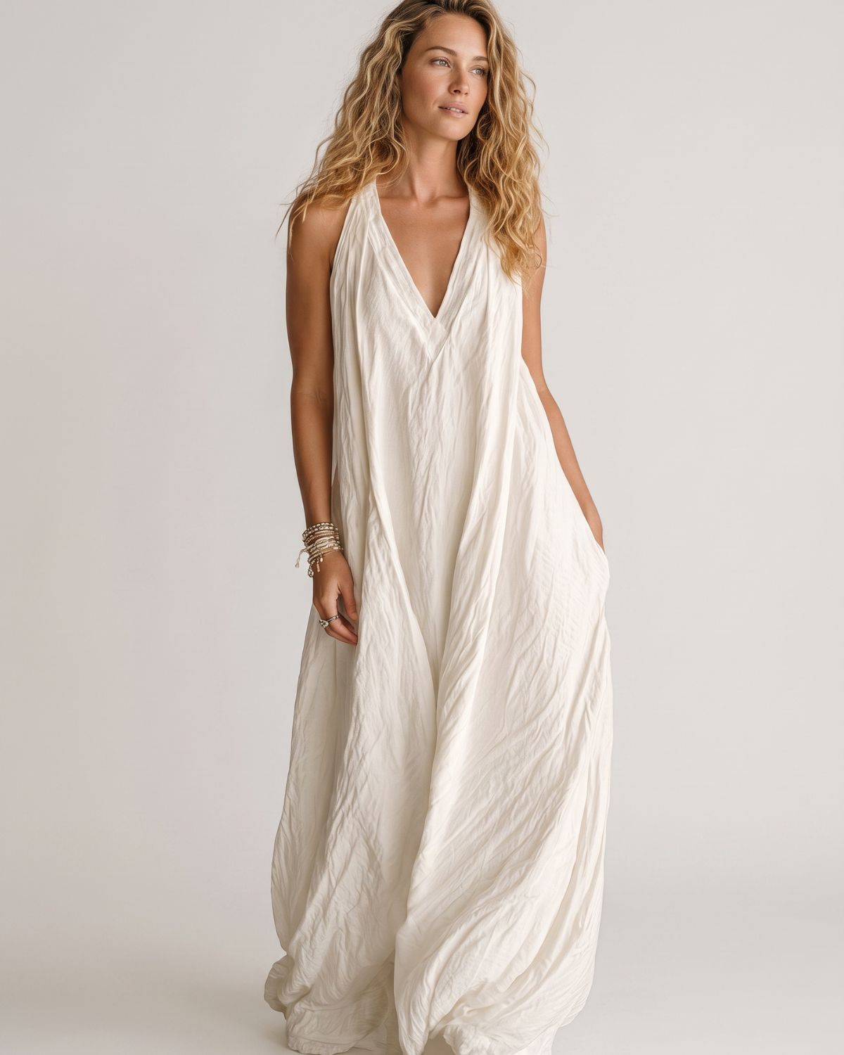 Flowy Boho V-Neck Halter Maxi Dress