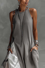 Sleeveless Color-Block Maxi Dress with Pockets